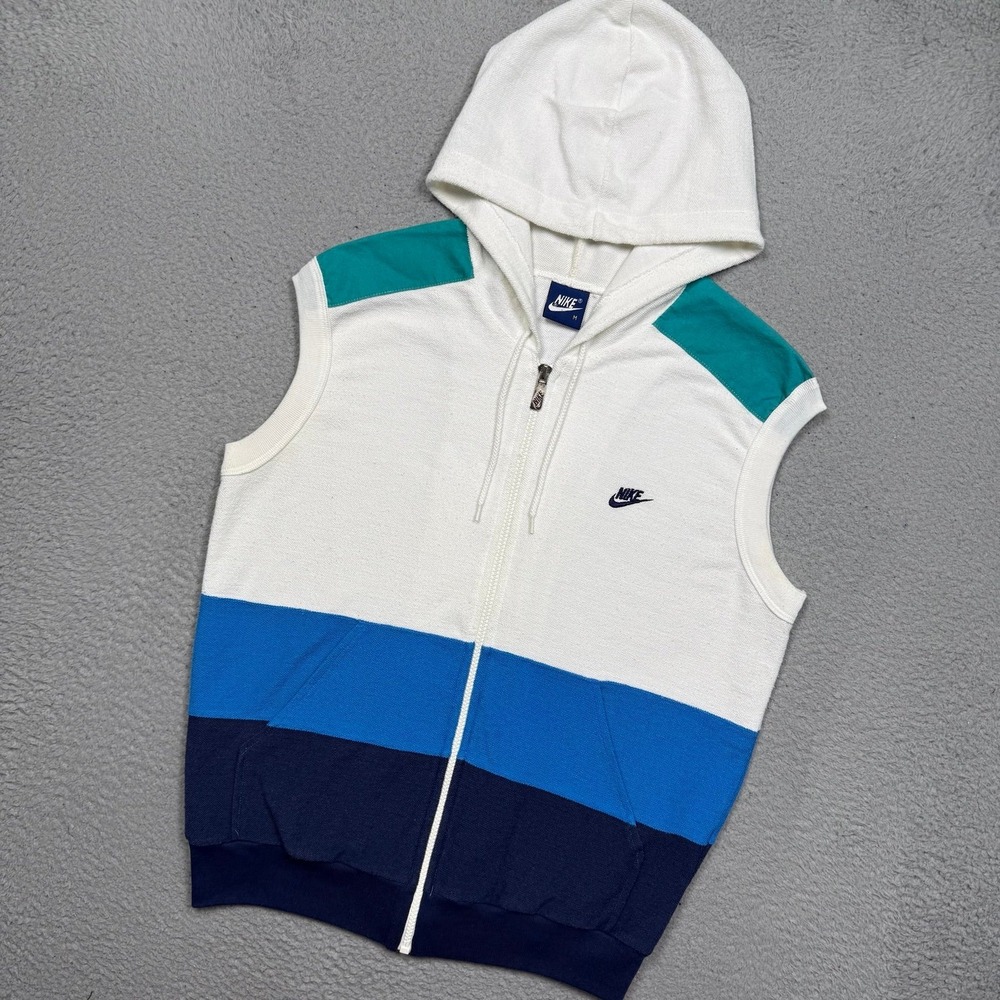 Vintage 80s Nike blue label sleeveless terry cloth full-zip‎ hoodie vest